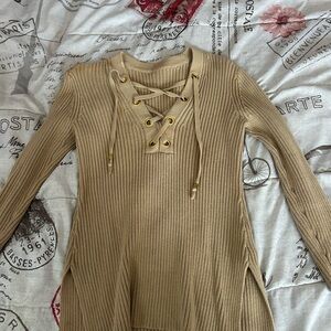 Beige Lace-Up Ribbed Sweater